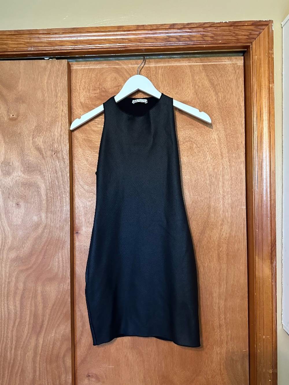 Zara Black Stretch Knit Halter Mini Dress S Open Back Racerback Y2K